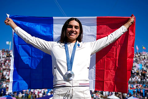 Women's kayak cross medal ceremony: Silver medalist Angele Hug of France